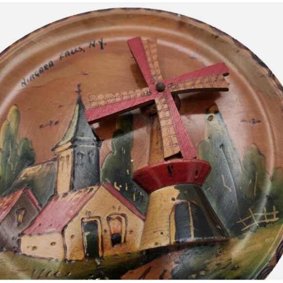 Vintage Hand Painted Dutch WINDMILL PLATE Wood Wall Hanging 7" Holland Made 2143 - Picture 12 of 15